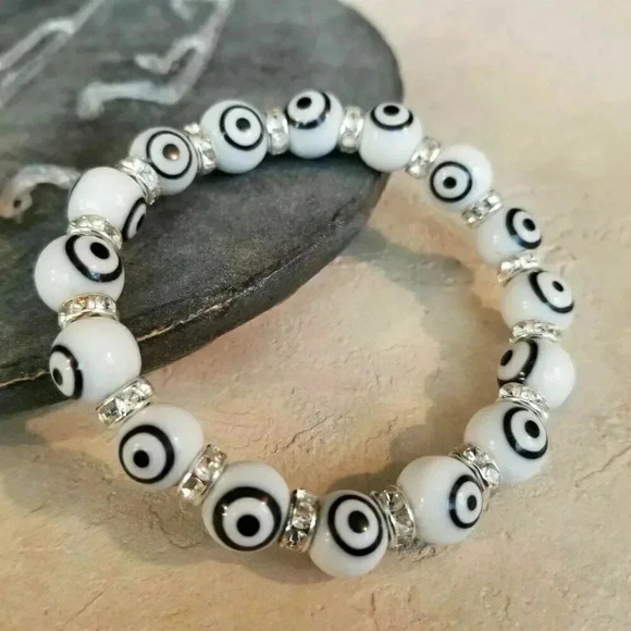 Handmade White Black Turkish Evil Eye Glass & Egyptian Crystal Talisman Bracelet - Picture 1 of 4